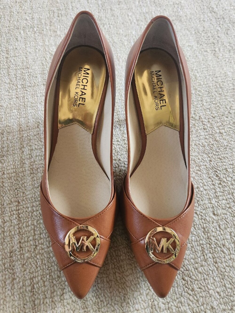 Michael Kors Brown Pointed Toe Leather Pumps with Logo 8M